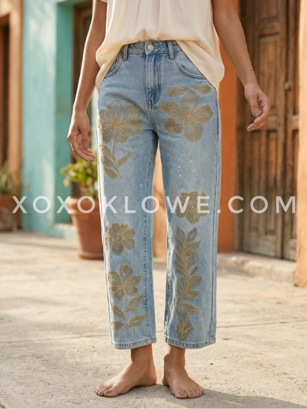 Oli & Hali Embroidered Straight Leg Ankle Jeans | Floral High Rise Denim